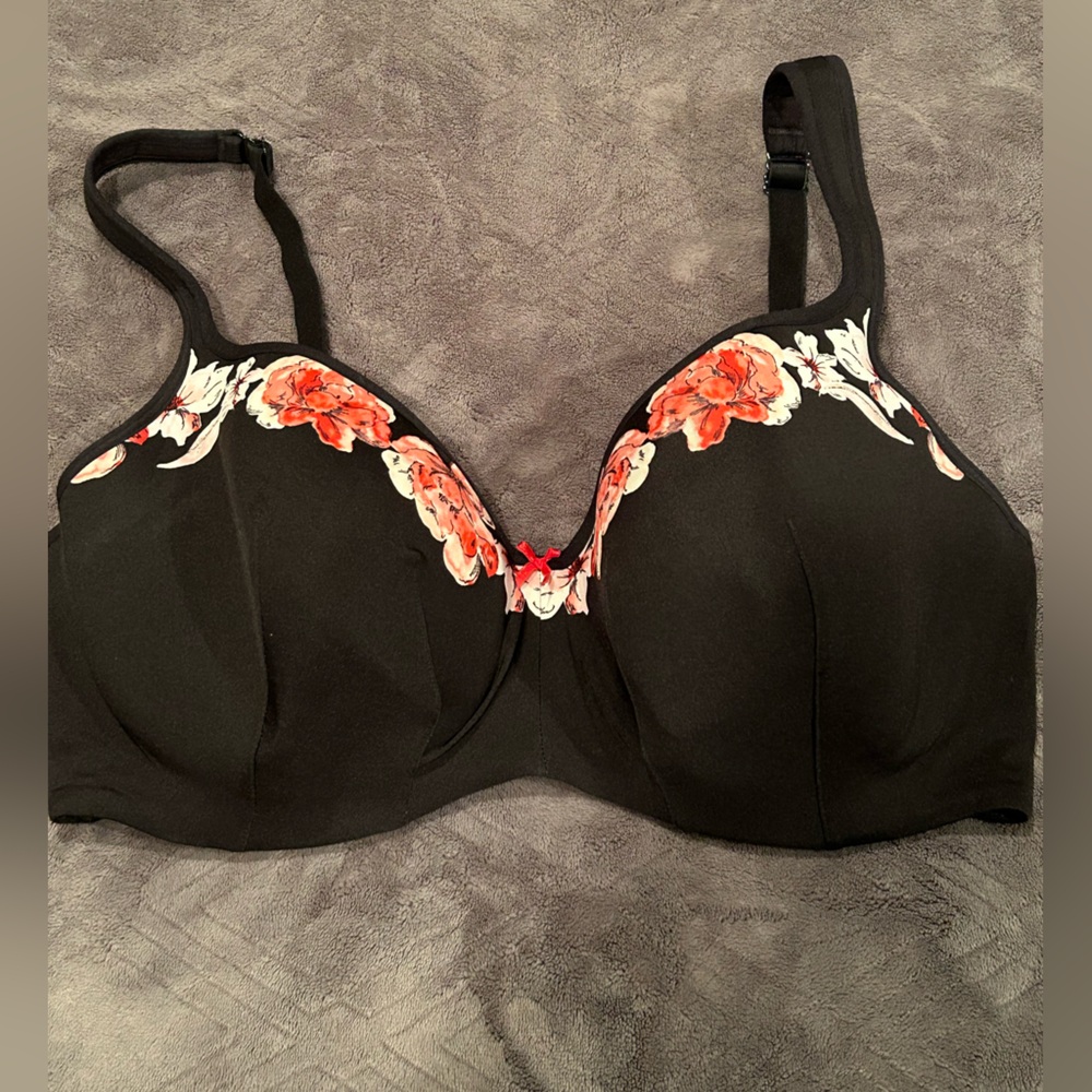 Cacique Black Bra with Red Floral Design